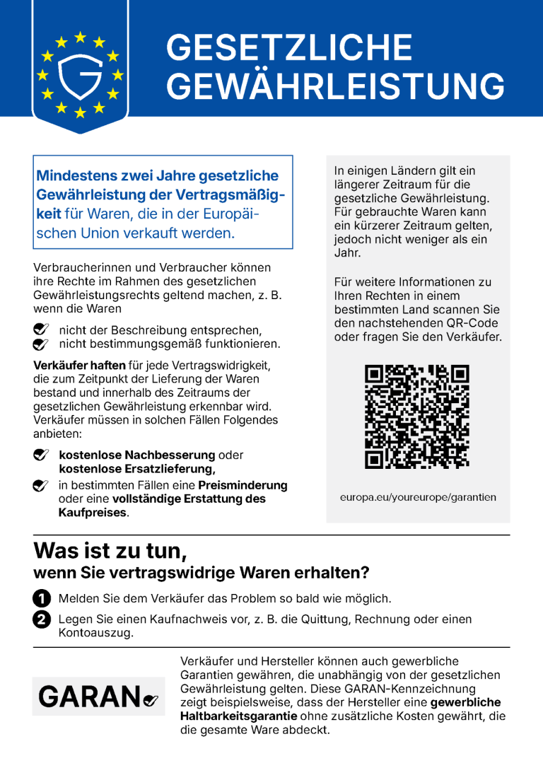 Hinweis auf die gesetzliche zweijährige Sachmängelhaftung/Gewährleistung für alle Angebote.