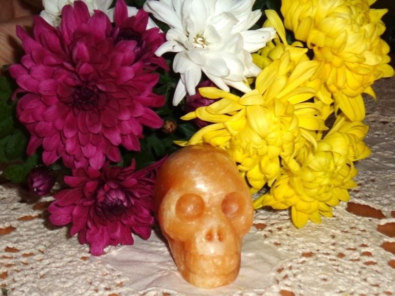 Kristallschädel Orangencalcit 280 g Helaria