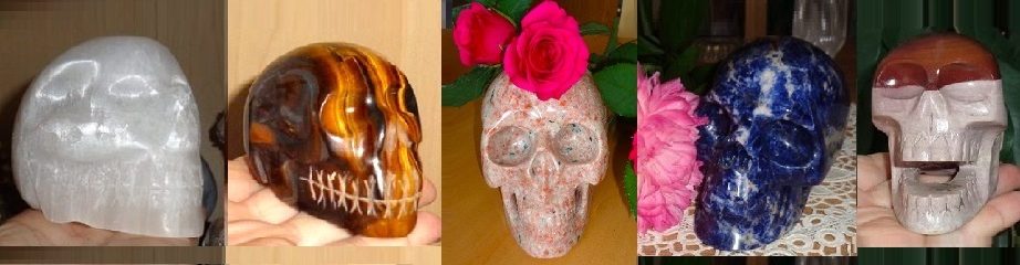 Kristallschädel weißer Selenit Tigerauge Sonnenstein Sodalith Shiva Lingam